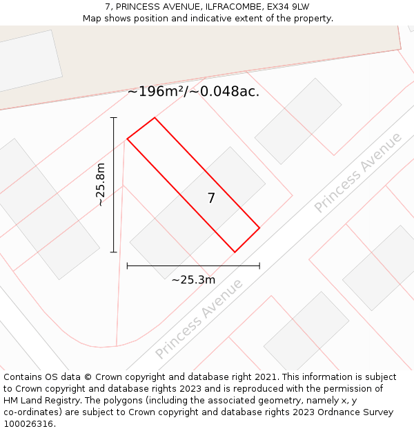 7, PRINCESS AVENUE, ILFRACOMBE, EX34 9LW: Plot and title map