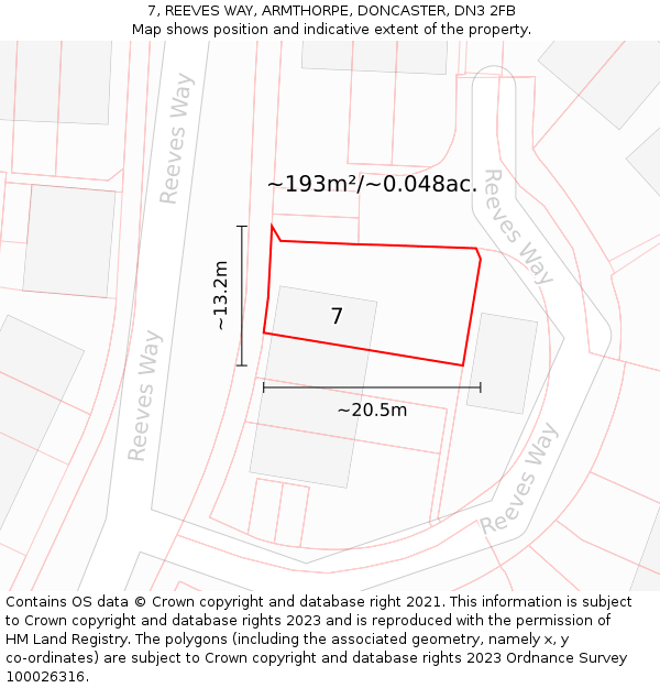 7, REEVES WAY, ARMTHORPE, DONCASTER, DN3 2FB: Plot and title map