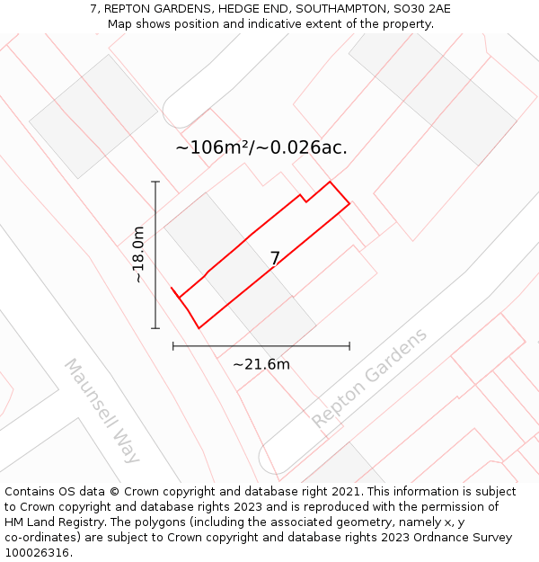 7, REPTON GARDENS, HEDGE END, SOUTHAMPTON, SO30 2AE: Plot and title map