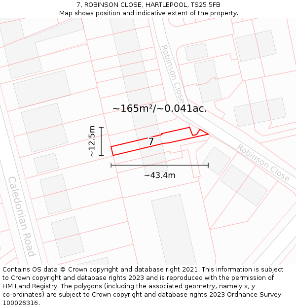 7, ROBINSON CLOSE, HARTLEPOOL, TS25 5FB: Plot and title map
