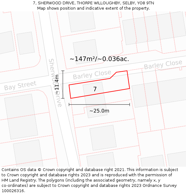 7, SHERWOOD DRIVE, THORPE WILLOUGHBY, SELBY, YO8 9TN: Plot and title map