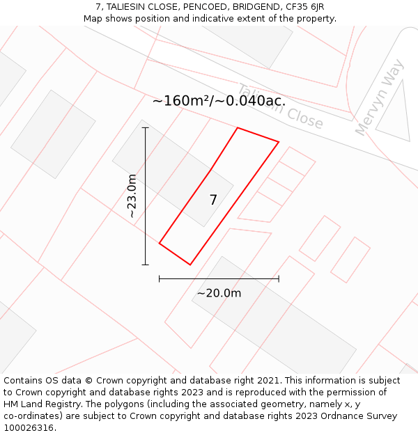 7, TALIESIN CLOSE, PENCOED, BRIDGEND, CF35 6JR: Plot and title map