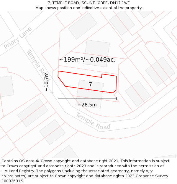 7, TEMPLE ROAD, SCUNTHORPE, DN17 1WE: Plot and title map
