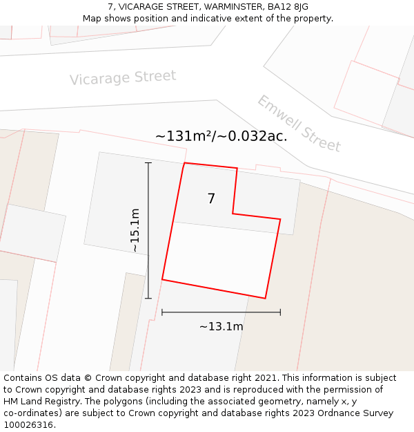 7, VICARAGE STREET, WARMINSTER, BA12 8JG: Plot and title map