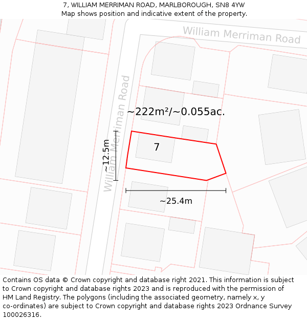 7, WILLIAM MERRIMAN ROAD, MARLBOROUGH, SN8 4YW: Plot and title map