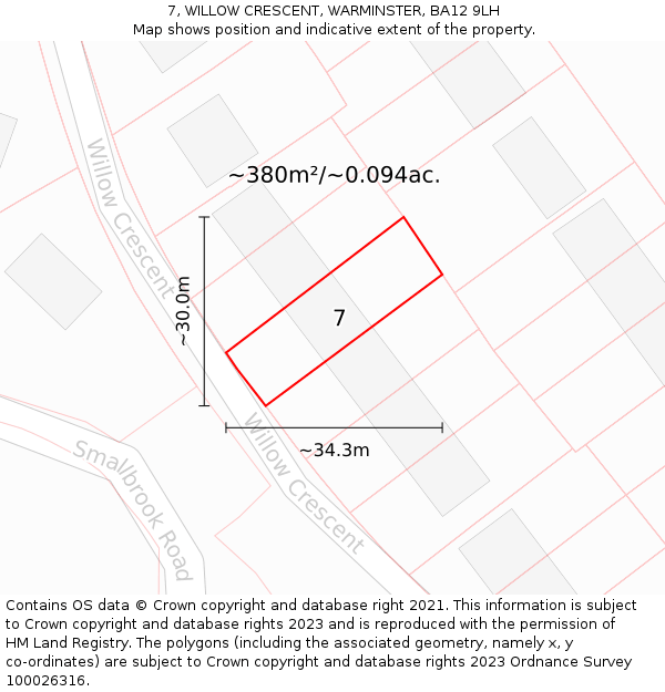 7, WILLOW CRESCENT, WARMINSTER, BA12 9LH: Plot and title map
