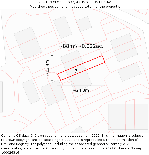 7, WILLS CLOSE, FORD, ARUNDEL, BN18 0NW: Plot and title map