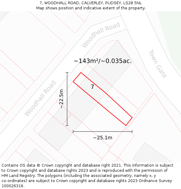 7, WOODHALL ROAD, CALVERLEY, PUDSEY, LS28 5NL: Plot and title map