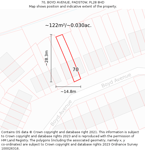 70, BOYD AVENUE, PADSTOW, PL28 8HD: Plot and title map