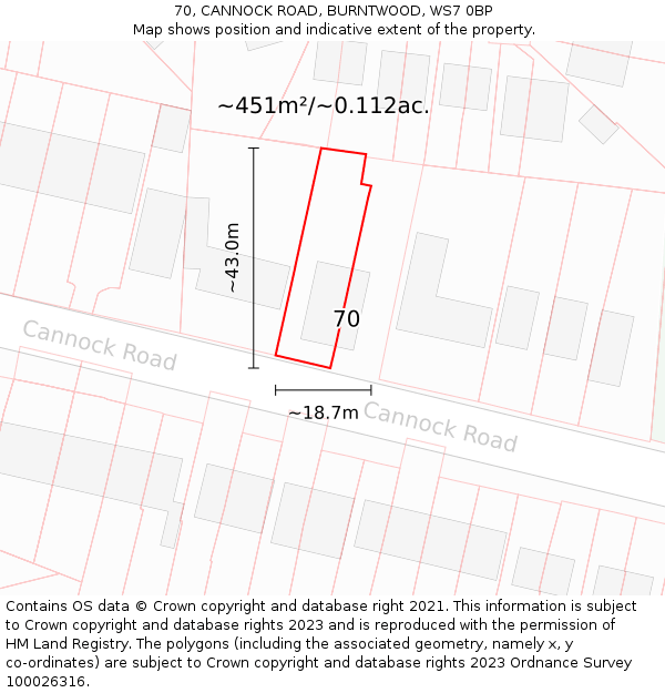70, CANNOCK ROAD, BURNTWOOD, WS7 0BP: Plot and title map