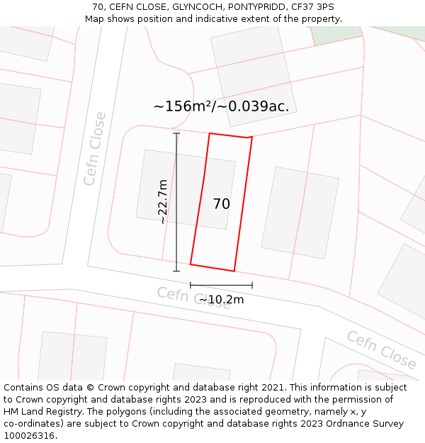70, CEFN CLOSE, GLYNCOCH, PONTYPRIDD, CF37 3PS: Plot and title map
