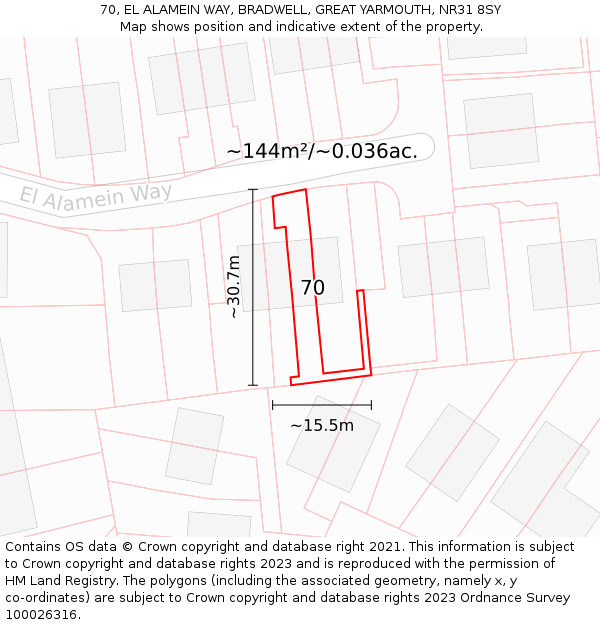 70, EL ALAMEIN WAY, BRADWELL, GREAT YARMOUTH, NR31 8SY: Plot and title map