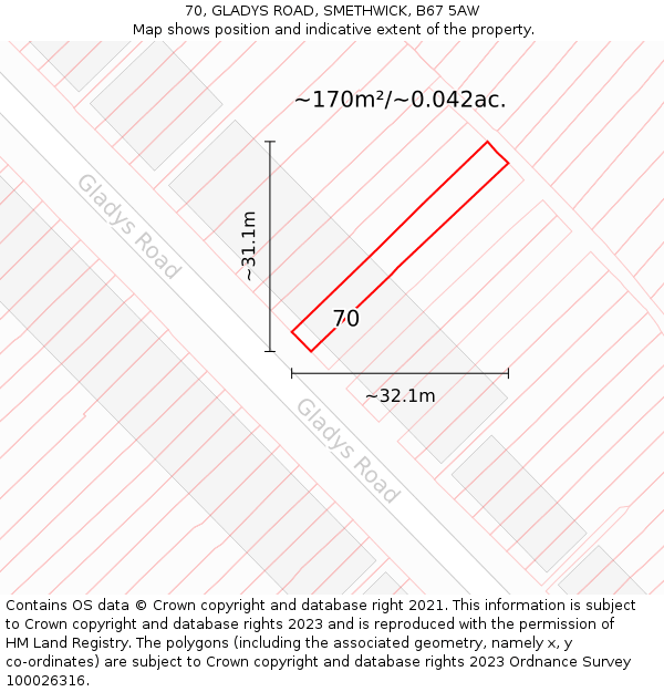70, GLADYS ROAD, SMETHWICK, B67 5AW: Plot and title map