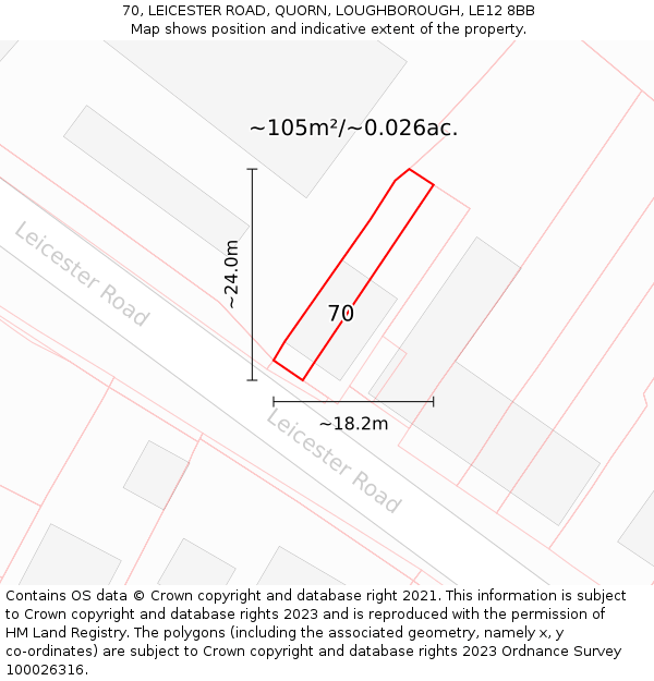70, LEICESTER ROAD, QUORN, LOUGHBOROUGH, LE12 8BB: Plot and title map