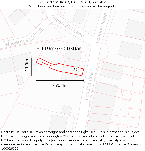 70, LONDON ROAD, HARLESTON, IP20 9BZ: Plot and title map