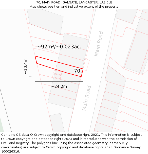 70, MAIN ROAD, GALGATE, LANCASTER, LA2 0LB: Plot and title map