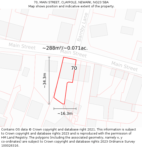 70, MAIN STREET, CLAYPOLE, NEWARK, NG23 5BA: Plot and title map