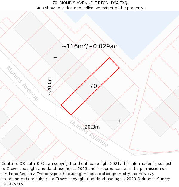 70, MONINS AVENUE, TIPTON, DY4 7XQ: Plot and title map