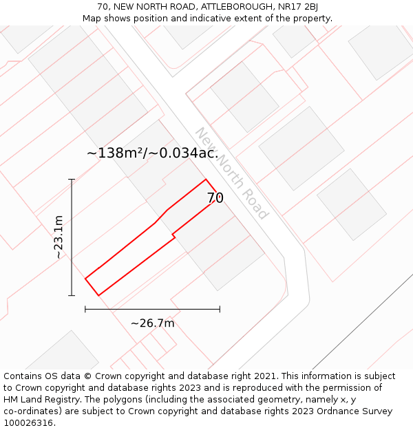 70, NEW NORTH ROAD, ATTLEBOROUGH, NR17 2BJ: Plot and title map