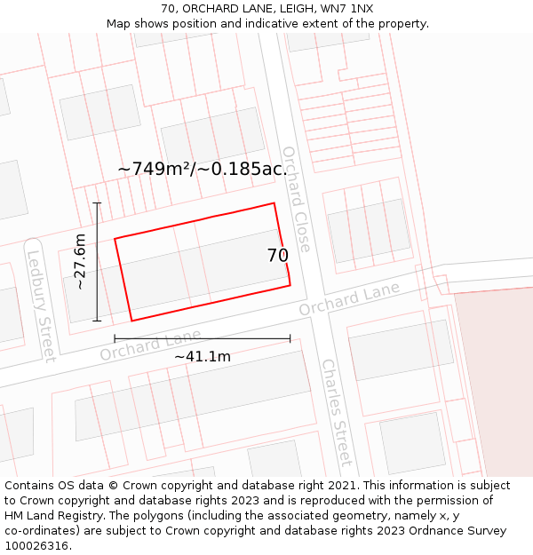 70, ORCHARD LANE, LEIGH, WN7 1NX: Plot and title map
