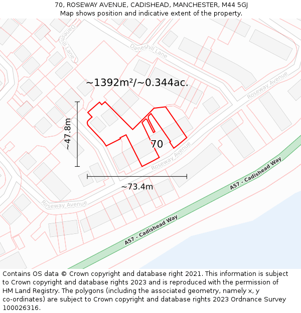 70, ROSEWAY AVENUE, CADISHEAD, MANCHESTER, M44 5GJ: Plot and title map