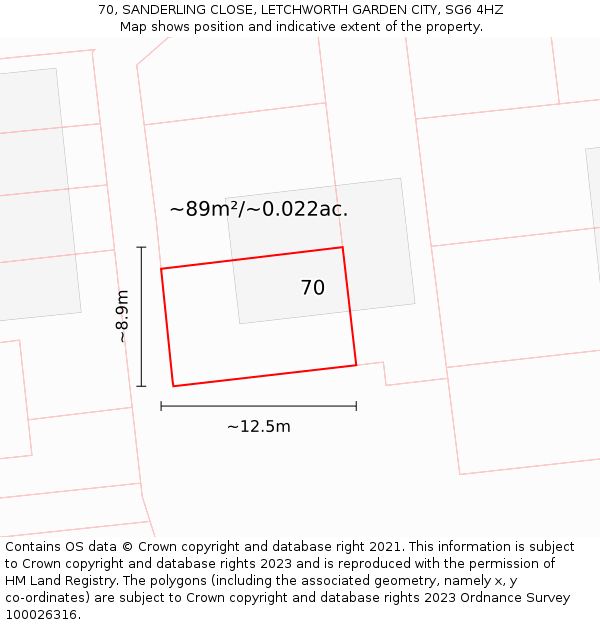 70, SANDERLING CLOSE, LETCHWORTH GARDEN CITY, SG6 4HZ: Plot and title map
