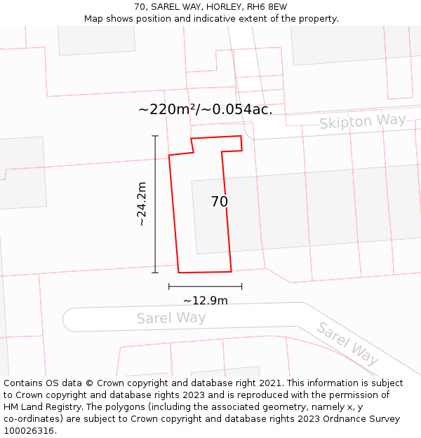 70, SAREL WAY, HORLEY, RH6 8EW: Plot and title map