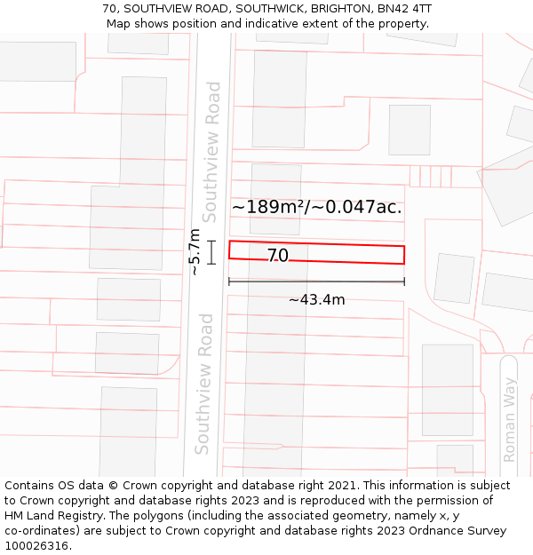 70, SOUTHVIEW ROAD, SOUTHWICK, BRIGHTON, BN42 4TT: Plot and title map