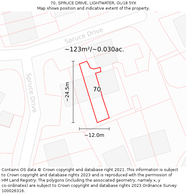 70, SPRUCE DRIVE, LIGHTWATER, GU18 5YX: Plot and title map