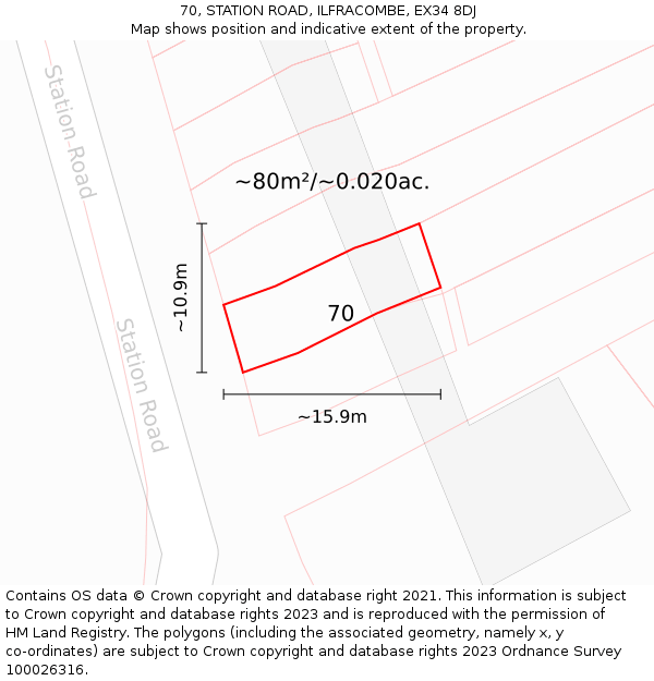 70, STATION ROAD, ILFRACOMBE, EX34 8DJ: Plot and title map