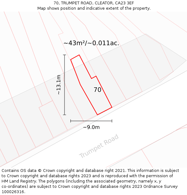70, TRUMPET ROAD, CLEATOR, CA23 3EF: Plot and title map