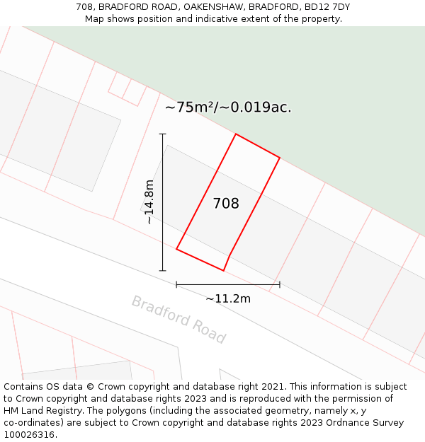 708, BRADFORD ROAD, OAKENSHAW, BRADFORD, BD12 7DY: Plot and title map