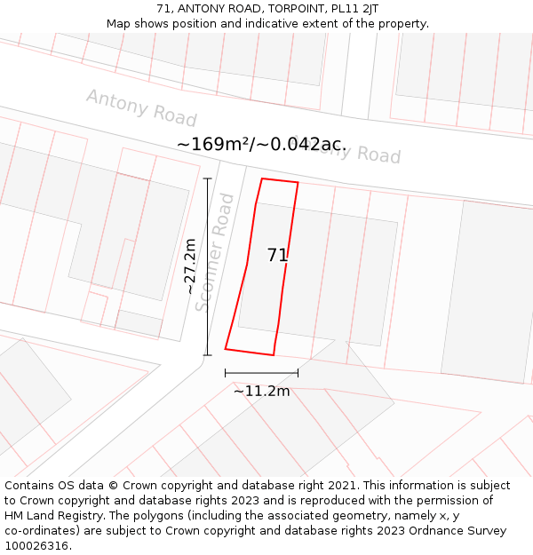 71, ANTONY ROAD, TORPOINT, PL11 2JT: Plot and title map