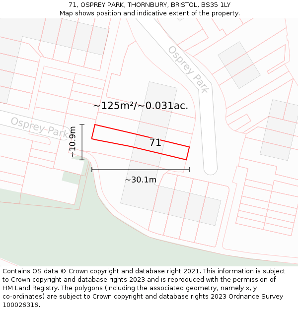 71, OSPREY PARK, THORNBURY, BRISTOL, BS35 1LY: Plot and title map