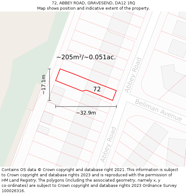 72, ABBEY ROAD, GRAVESEND, DA12 1RQ: Plot and title map