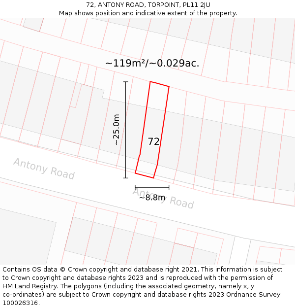 72, ANTONY ROAD, TORPOINT, PL11 2JU: Plot and title map