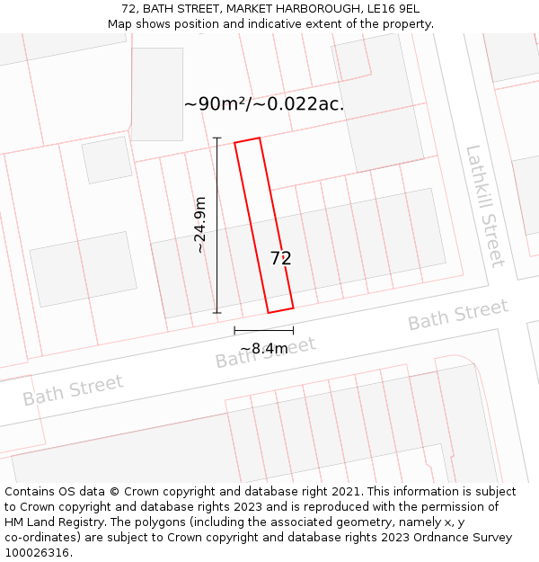 72, BATH STREET, MARKET HARBOROUGH, LE16 9EL: Plot and title map