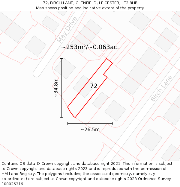 72, BIRCH LANE, GLENFIELD, LEICESTER, LE3 8HR: Plot and title map