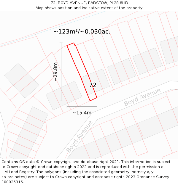 72, BOYD AVENUE, PADSTOW, PL28 8HD: Plot and title map