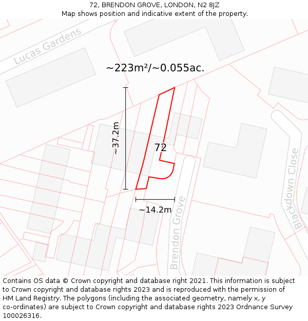 72, BRENDON GROVE, LONDON, N2 8JZ: Plot and title map