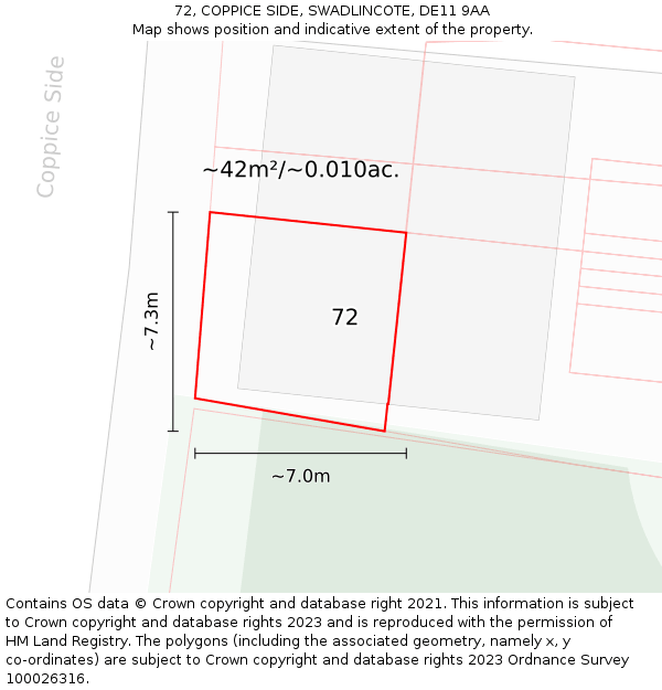 72, COPPICE SIDE, SWADLINCOTE, DE11 9AA: Plot and title map