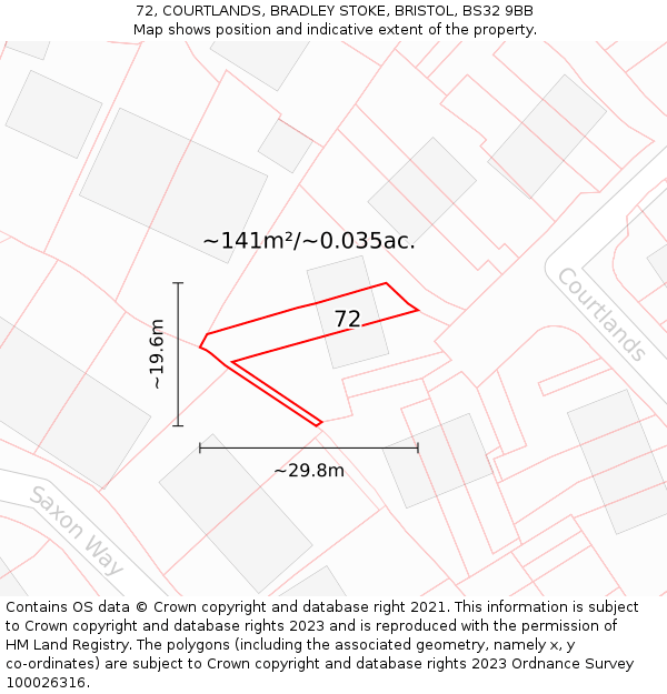 72, COURTLANDS, BRADLEY STOKE, BRISTOL, BS32 9BB: Plot and title map
