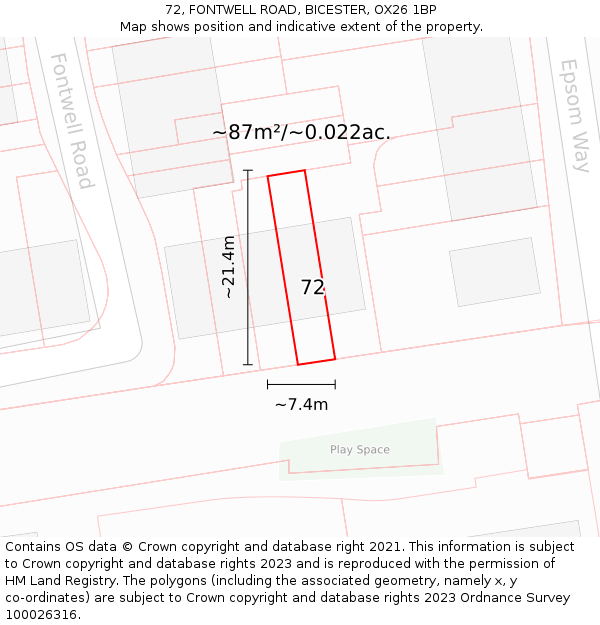 72, FONTWELL ROAD, BICESTER, OX26 1BP: Plot and title map