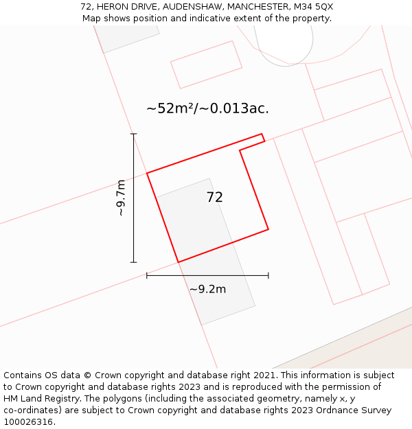 72, HERON DRIVE, AUDENSHAW, MANCHESTER, M34 5QX: Plot and title map