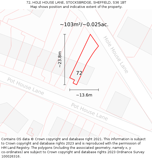 72, HOLE HOUSE LANE, STOCKSBRIDGE, SHEFFIELD, S36 1BT: Plot and title map