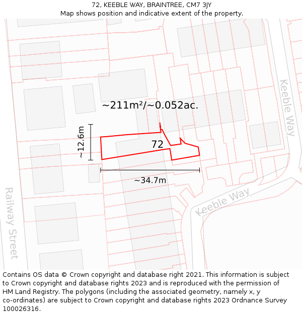 72, KEEBLE WAY, BRAINTREE, CM7 3JY: Plot and title map
