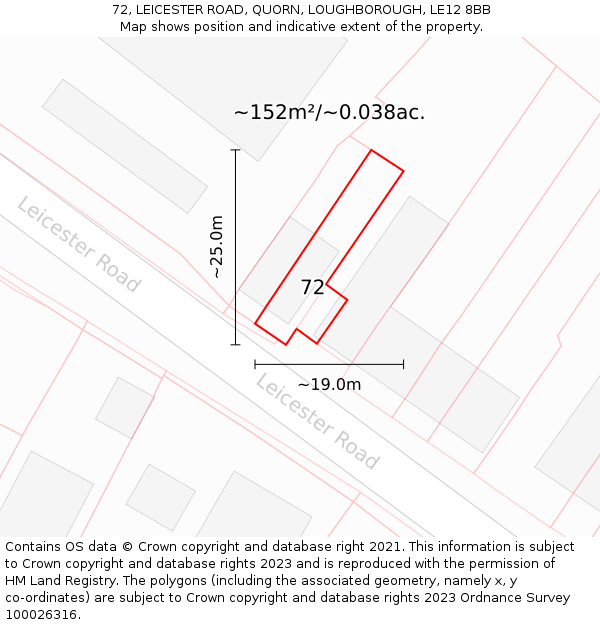 72, LEICESTER ROAD, QUORN, LOUGHBOROUGH, LE12 8BB: Plot and title map