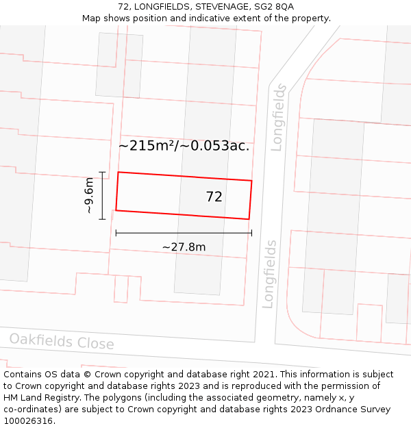 72, LONGFIELDS, STEVENAGE, SG2 8QA: Plot and title map