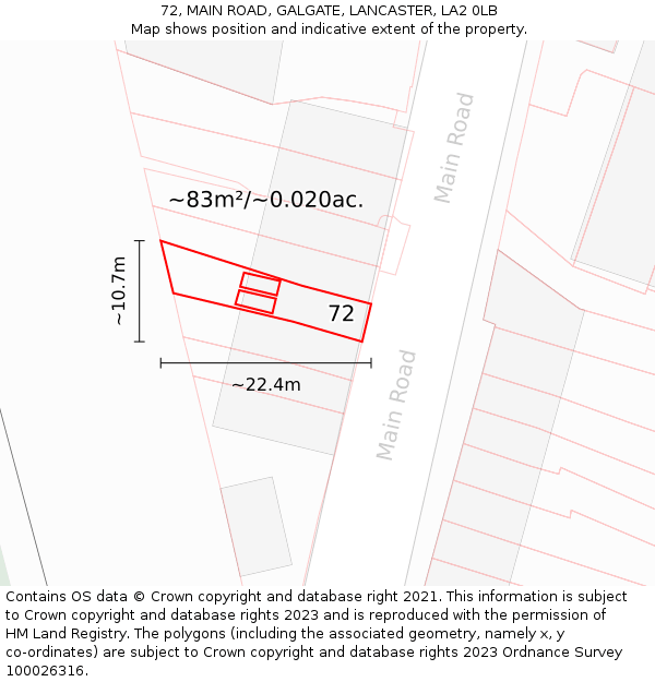 72, MAIN ROAD, GALGATE, LANCASTER, LA2 0LB: Plot and title map