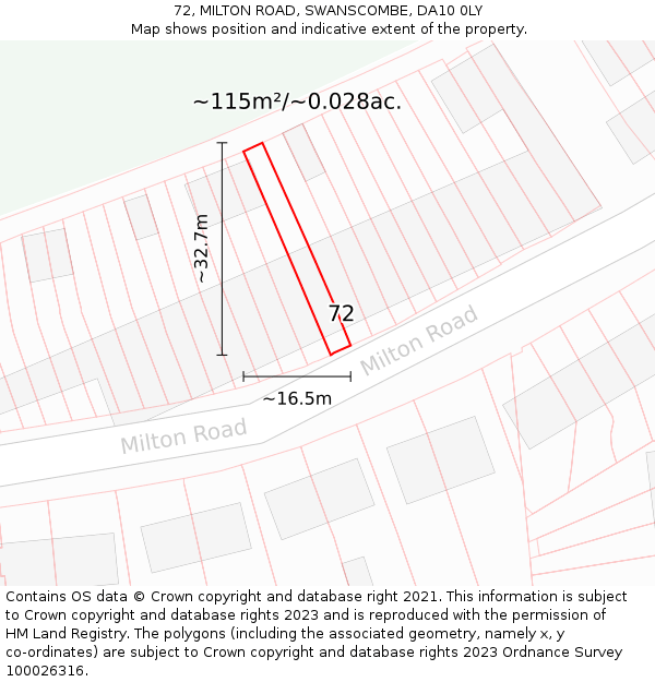 72, MILTON ROAD, SWANSCOMBE, DA10 0LY: Plot and title map